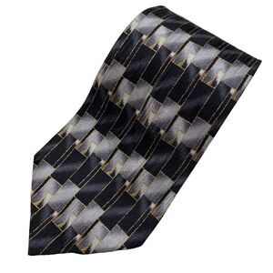 Vtg Oscar de la Renta Mens Necktie Tie Black Silver Gold Geometric Silk Designer